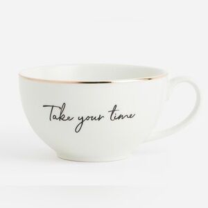 H&M Porcelain Coffee Mug “Take Your Time” with Gold Rim & Heart Motif